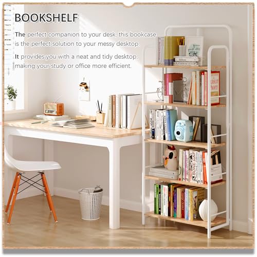 Image of 4NM No Assembly Folding Bookshelf, 5 Tiers Collapsible Book Shelves Open Industrial Foldable Storage Bookcase Shelf for Bedroom, Living Room, Home Office - Natural and White