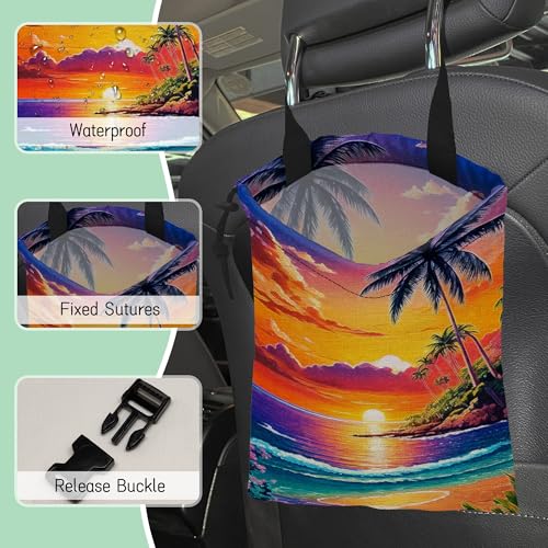 Image of Beach Sunrise Car Garbage Bag,Palm Tree Waterproof Small Car Trash Bag Hanging Back of Seat,Drawstring Hanging Car Trash Bag with Adjustable Buckle for Car Accessories