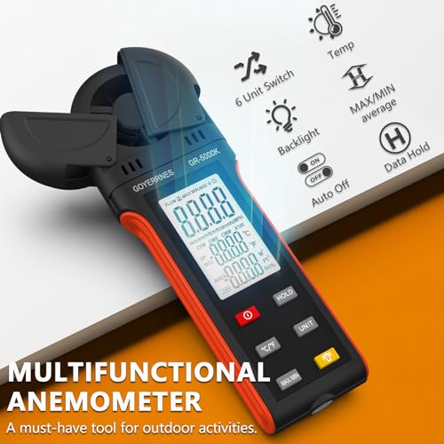 GOYERRNES Handheld Anemometer, Digital Wind Speed, Temperature, Humidity Gauge Meter, Air Flow Velocity CFM Measuring Device for HVAC Outdoor Sailing Shooting Golf
