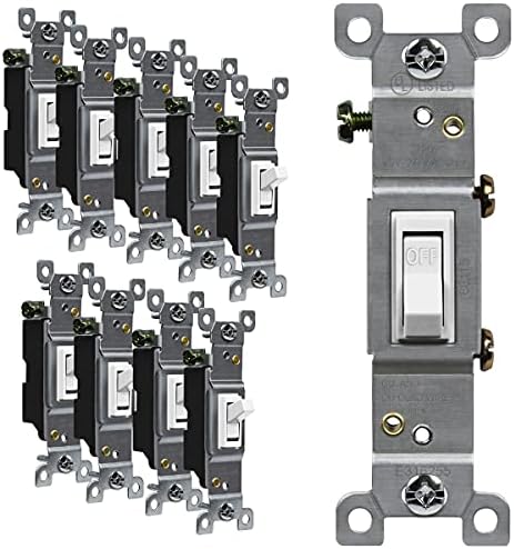 ENERLITES Toggle Light Switch, Single Pole, 15A 120-277V, Grounding Screw, Residential Grade, UL Listed, 88115-W-10PCS, White (10 Pack), 10 Count