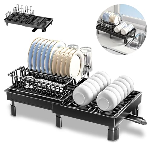 POFEZERL Escurridor de Trastes, Escurridor de Platos Extensible, Escurridors de Cocina Trastes Ajustable 360 ° Drenaje para Encimera de Cocina (Negro)