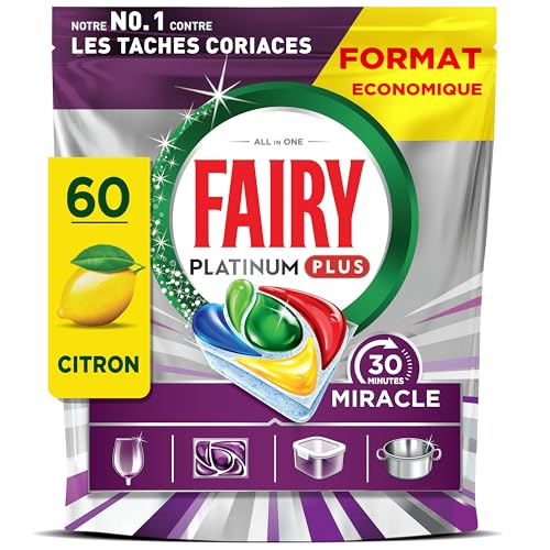 Fairy Platinum Plus Tout En 1, 30 Minutes Miracle Tablettes Lave-Vaisselle, Notre Nettoyant N° 1 Pour Les Résidus Alimentaires Tenaces, Lave-Vaisselle, 60X