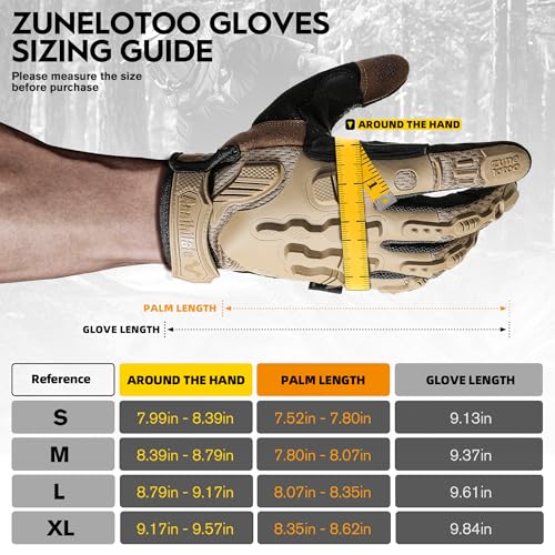 ZUNE LOTOO Tactical Gloves for Men, Touchscreen Motorcycle Gloves Padded Finger Impact Protection, Tan Leather Safety Work Gloves Cut Resistant for Paintball Airsoft Range Skeleton Women Medium