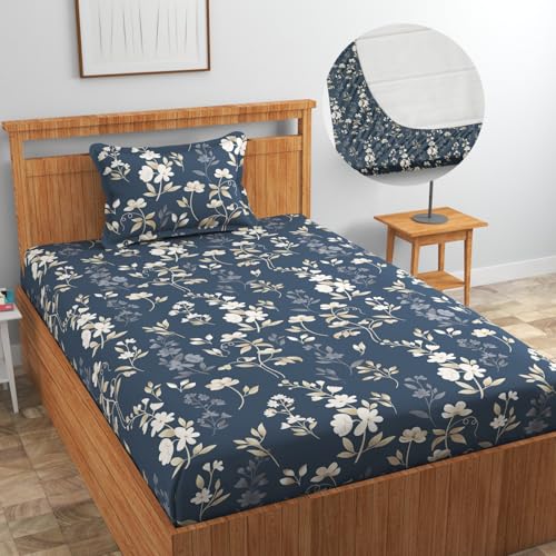 Image of Blue Strip 220TC Glace Cotton Elastic Fitted Floral Bedsheets Single Bed with 1 Pillow Cover | Single Bed with All Around Elastic, Size 42 X 75 Inches (Blue Bale Patti), Small Single