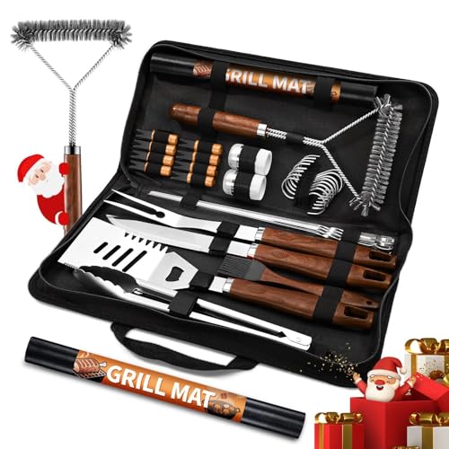 31pcs BBQ Grill Accessories Set for Men Dad, Heavy Duty Grilling Tools Gifts for Christmas, Stainless Steel BBQ Utensils Kit with Mats, Grill Brush in Carrying Bag Brown