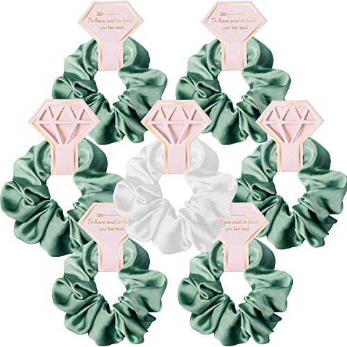 Bachelorette Party Hair Ties 7PCS- Bachelorette and Wedding Shower Party Favors for Bridesmaids, Hair Scrunchies-Satin Bridesmaid Gift for Wedding Parties(White & Green)