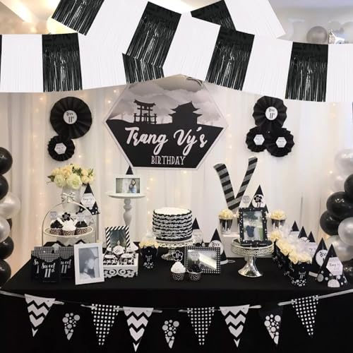 Image of BEISHIDA 3 Packs Metallic Foil Fringe Garland Black White Wall Hanging Tinsel Fringe Banners for Car Floats Bridal Shower Wedding Birthday Graduation Holiday Party Decoration(30 Feet)