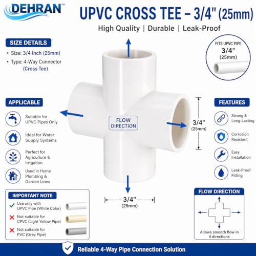 Image of DEHRAN UPVC Cross Tee Pipe Fitting 25mm(3 /4 Inch) | Durable White UPVC Connector for Home & Industrial Plumbing