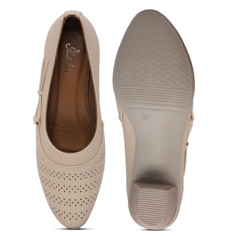 Padchin Women Round Toe Block Heel Cream Pumps | Formal and Casual Fashion sandal with Stiletto Heels | Comfortable Casual and Formal Shoes | Stylish and Fashionable Ladies Pump Shoe for Daily Use 3