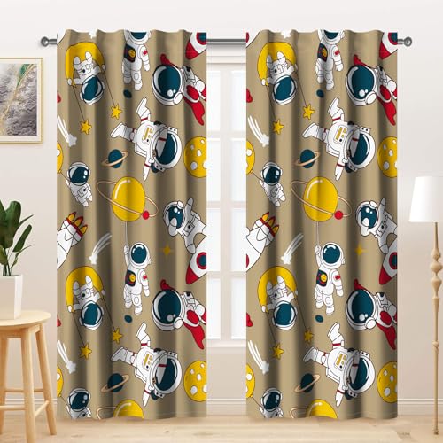 Kzzfqxb Rideaux pour Enfants 117x138cm 2 Panneaux, Motif astronautes Marron explorant l'univers, décoration de Dessin animé Mignon pour Chambre d'enfant,...