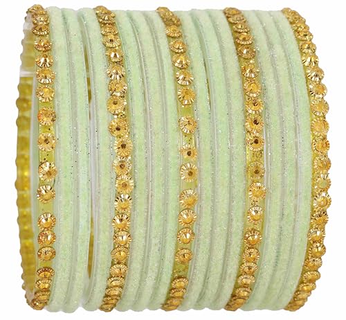Image of NMII Premium Glass & Golden Beads Velvet Bangle Set For Women and Girls | Velvet Chudi | Traditional Chudi Set | Designer Girl's Bangles Bracelet | Wedding, Party, Festive, Daily- Set of 34