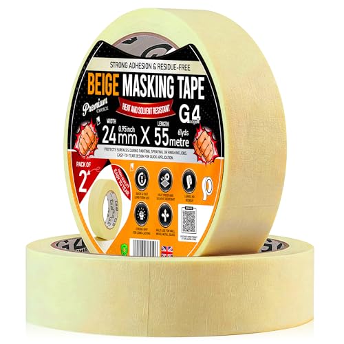 G4GADGET Masking Tape for Painting (2 Pack) 24mm x 55m Decorators Painters Tape Crepe Paper Low Tack Masking Tape Clean Removal Residue-Free for Walls Trim DIY & Crafts