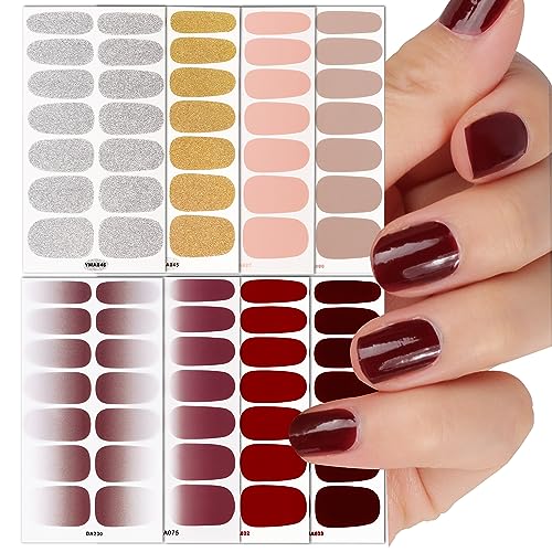 GEBETTER 8 Hojas 112 Pegatinas Uñas Adhesivas Tiras Esmalte Cubierta Completa, 6 Colores Lisos 2 Purpurinas Doradas Plateadas, Decoración Uñas Nail Stickers Art Full Cover Manicura Mujer
