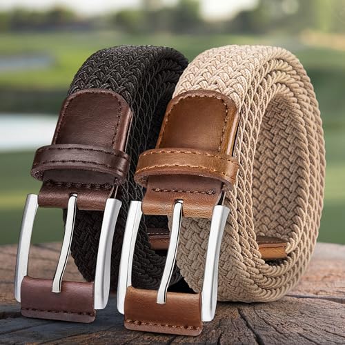 Belt for Men 2Pack,Mens Gift Stretch Braided Web Belt Elastic for Casual Golf Jeans,1 3/8