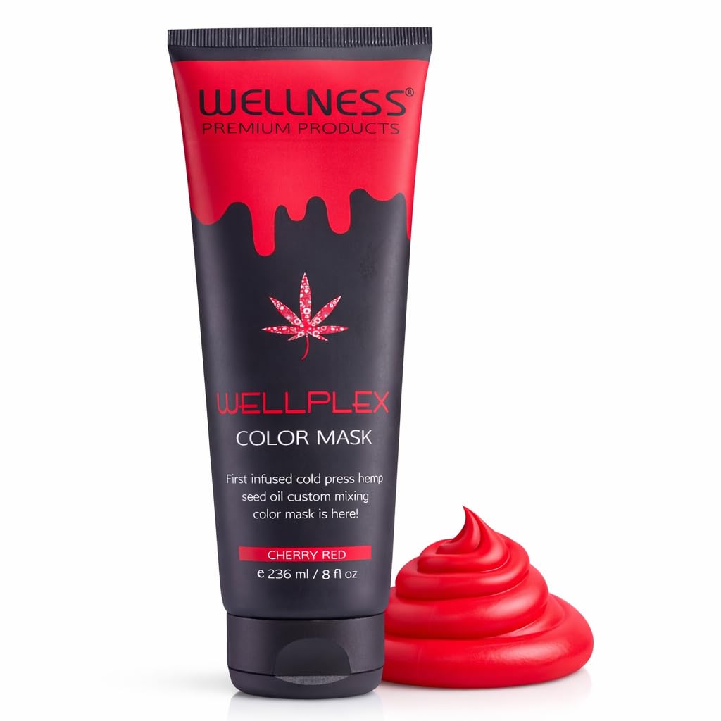 Wellness Vivid Color Hair Mask - Semi Permanent Hair Color with Keratin Hair Treatment with Organic Hemp Seed Oil for hair gloss - Long Lasting Color Depositing Mask, Cherry Red, 8 Oz