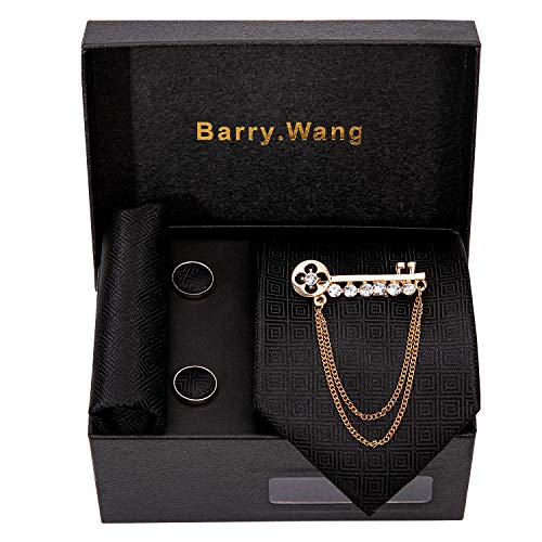 Image of Barry.Wang Plaid Ties for Men Silk Necktie Handkerchief Cuff Links Set