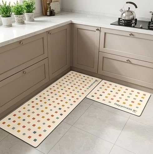 Image of HomeCloud Rubber Kitchen Mats for Floor Set of 2 Pcs|Non-Skid, Soft Absorbent Rugs for Kitchen, Laundry, and Hallway|120x40cm, 40x60cm| 4mm Thickness (Happiness Cream)