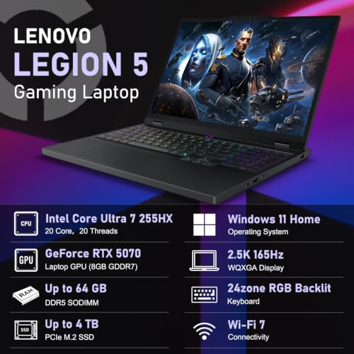 Image of PCONLINE Lenovo Legion 5i 15.1 inch Core Ultra 7 255HX & RTX 5070 Gaming Laptop | WQXGA 165Hz /1ms OLED Display, 64GB DDR5, 2TB SSD, 24-Zone RGB Backlit, Wi-Fi 7, 80Whr Battery