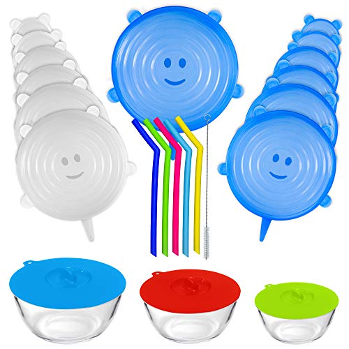 Jolie Premium Silicone Lids - Set of 13 Silicone Stretch Lids (w special XXL size), 3 Suction lids and Silicone Reusable Straws - Reusable Silicone Food Covers for Bowls and Containers