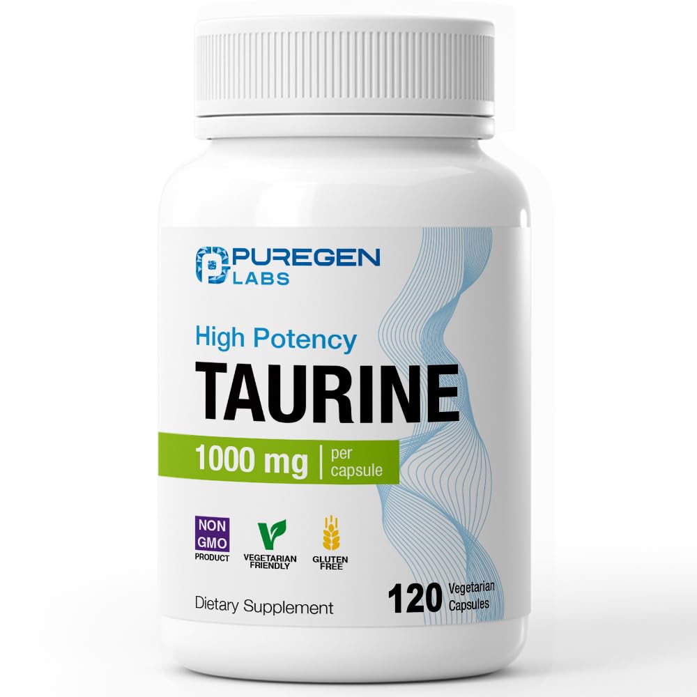 Puregen Labs Taurine 1000mg [High Potency] 120 Veg Capsules | No Harmful Additives | Non-GMO, NO Gluten and Dairy - 120 Servings