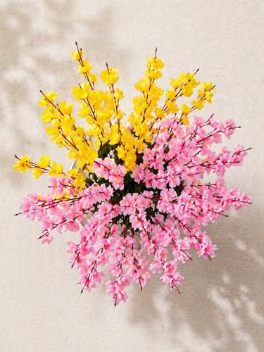 Image of ARTSY Artificial Flowers Bunch for Decoration Cherry Blossom, Ideal for vase, Home, Office Decor, Gifts, Craft, Artificial Plants for Decoration, Without vase, Yellow Pink, Combo, 2 Pieces