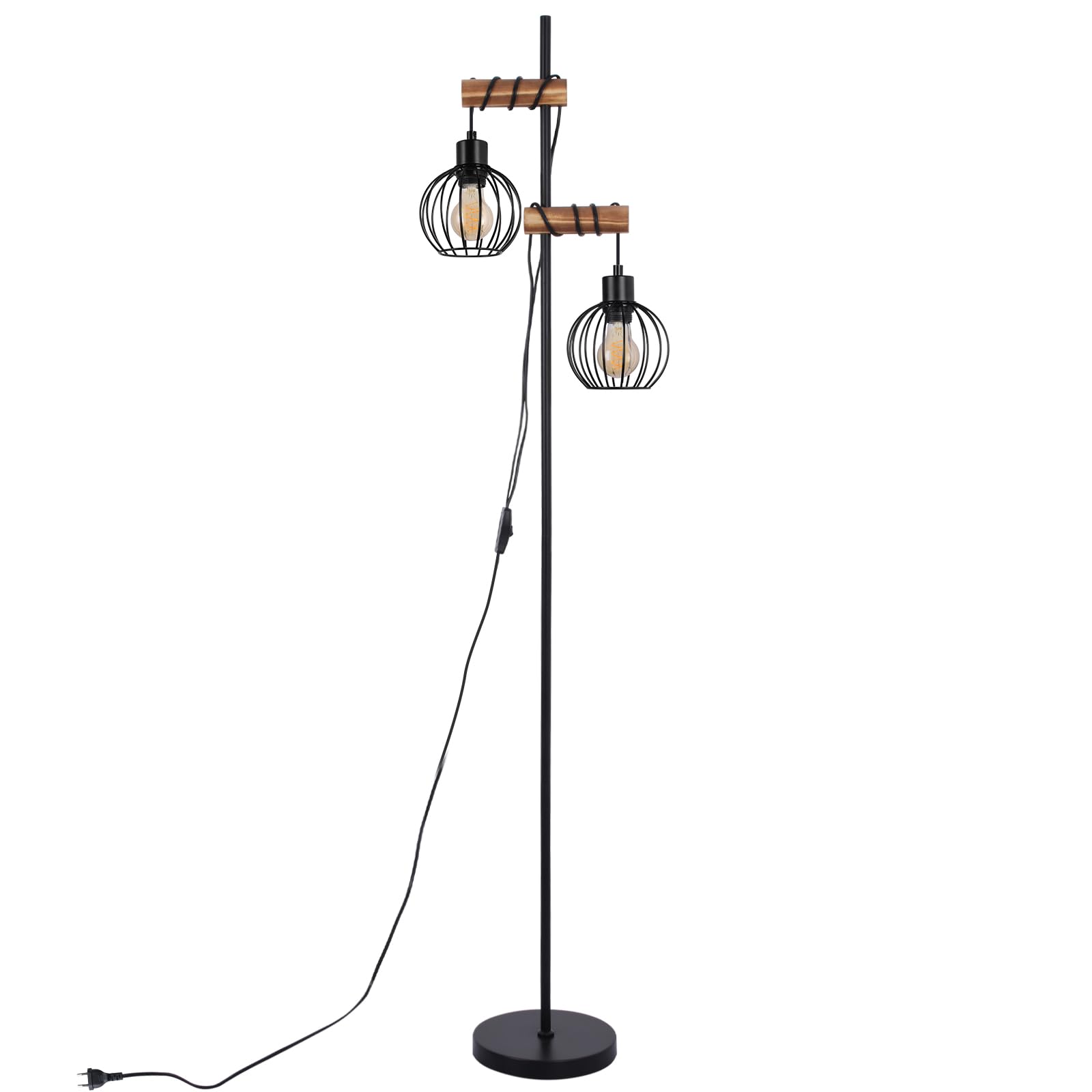 ZMH Lampada da terra nera, lampada da terra per soggiorno in legno - lampada da terra vintage a 2 fiamme in design industriale in metallo con interruttore, attacco E27 152 cm (senza lampadina)