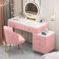 Dressing Table with LED Lights Mirror and Chair, Modern Makeup Desk with Velvet Finish, Vanity Table with Side Cabinet, 5 Drawers, Marble Tabletop for Girls, Women, Bedroom, Pink