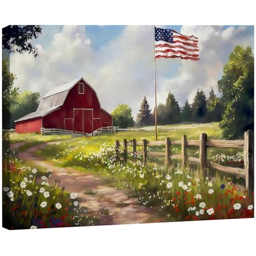 Image of RIBNTAK Farmhouse Red Barn & American Flag Canvas Print, Rustic Wildflower Meadow Patriotic Wall Art, 4th of July Holiday Decoration for Home, Office & Rustic Interiors, Made in USA