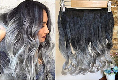 17 Inches Wavy Curly One Piece Half Head Ombre Clip in Hair Extensions 120grams (Col. Natural black/silver grey)