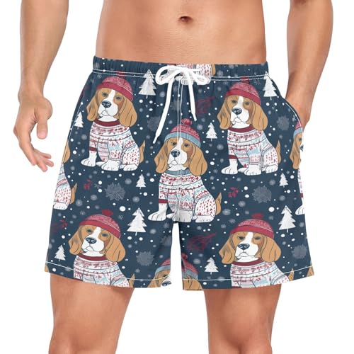 Winter Beagles Pattern Men's Swim Trunks with Liner Quick Dry Beach Shorts Swimwear Bathing Suit S-XXL
