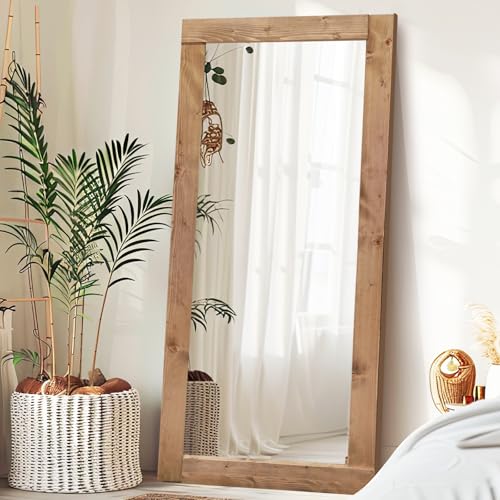 Image of 71x32in Full Length Mirror, Solid Wood Convex Frame, Light Brown