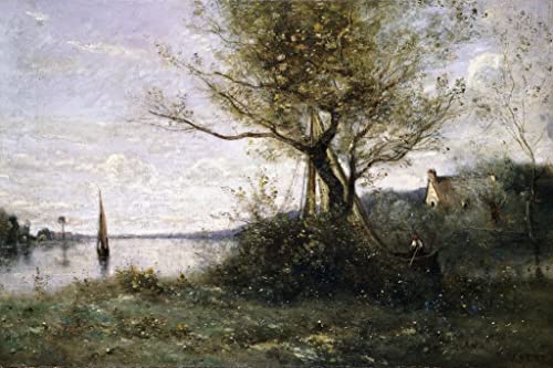 Impression d'art Corot bateau au bord de l'île toile de maître 60x90cm