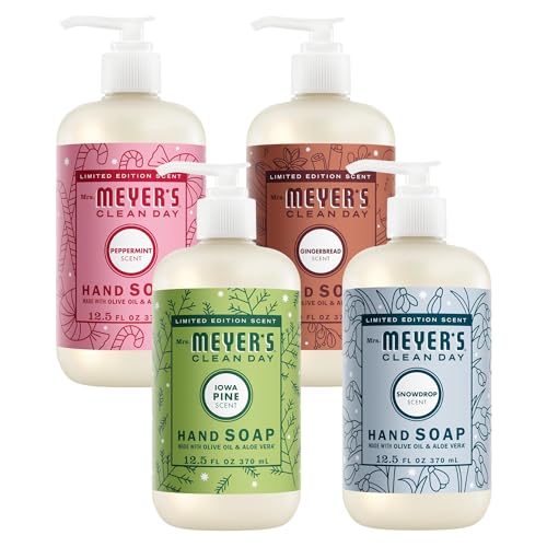 Image of Mrs. MEYER'S CLEAN DAY Hand Soap 12.5 Fl Oz 4 Count (Variety Pack), Gingerbread + Iowa Pine + Peppermint + Snow Drop