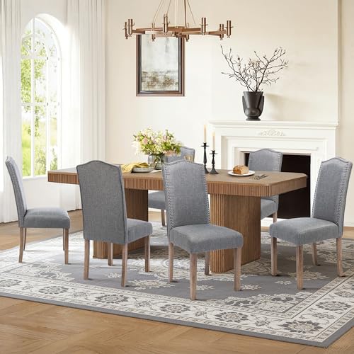 Upholstered Dining Chair Modern Stylish Parsons Kitchen Diner High Back with Silver Nailhead Trim & Wood Legs, Set of 6, Fabric Classic Grey