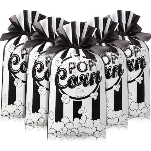 Image of 50 Pcs Popcorn Plastic Bags Circus Carnival Party Goodie Bags Bulk Movie Night Popcorn Container for Carnival Movie Night Theater Halloween Party Supplies (Black)