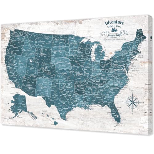 Image of IPIC Vintage Teal USA Maps for Wall, Map of the United States, 42x28 in