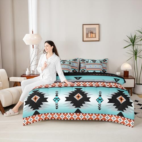 Image of Western Decor Gothic Queen Comforter Set with Sheets | Sunflower Bull Skull Boho 7 Piece Bedding Set Dreamcatcher Southwest Ethnic Tribal Arrow Aztec Bed in a Bag, Highland Cow Bohemian Room Decor