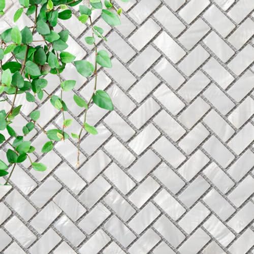 Tenedos Genuine Mother of Pearl White Oyster Herringbone Shell Mosaic Wall Tile Backsplash for Kitchen Bathroom Shower, Spas, Fireplace, Pool by Vogue Tile (Full Sheet)