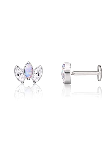 Limerencia 18g Titanium Internally Threaded Tragus Piercing Jewelry CZ Top Flat Back Piercing Nose Studs Earring, Helix, Cartilage, Labret, Monroe for Women or Men - Cz + Opal Crown