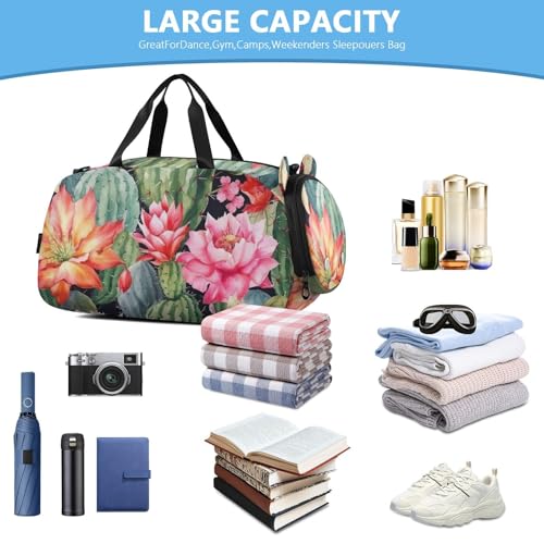 Watercolor Cactus Duffle Bag for Girl, Sports Duffle Gym Bags with Shoe Compartment, Personalized Overnight Bag Travel Weekender for Kids4