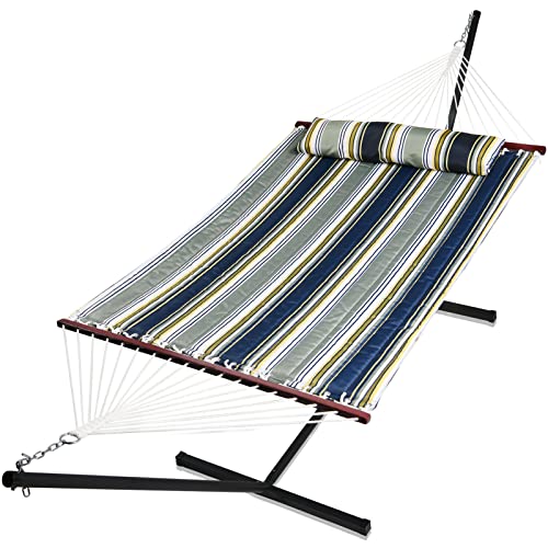 HENG FENG Double Hammock with Stand Included,2 Person Portable Outdoor Hammock with Hardwood Spreader Bar,Max 475lbs Capacity,Blue & Aqua HENG FENG Double Hammock with Stand Included,2 Person Portable Outdoor Hammock with Hardwood Spreader Bar,Max 475lbs Capacity,Blue & Aqua