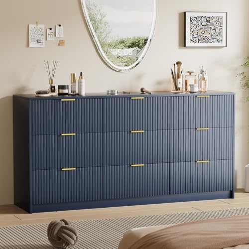 Image of Furniway Blue Dresser for Bedroom, Modern Dresser with 9 Drawers and Smooth Slides, Wide Chest of Drawers with Golden Handles for Bedroom, Living Room, Closet, 15.7 inch D x 63 inch W x 31.5 inch H