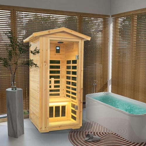 LKJYBG Outdoor Wooden Sauna 1 Person 1560W Low EMF Canadian Hemlock Wooden Far Infrared Dry Sauna for Indoor Outdoor as Shown