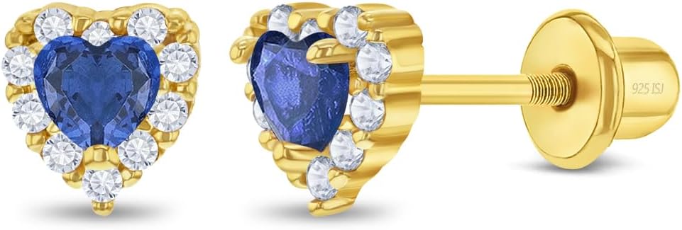 In Season Jewelry CZ Encrusted Heart Kids Earrings - Yellow Gold Plated Sterling Silver Hypoallergenic Earrings for Girls with Secure Screw Backs