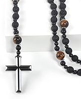 Vista 3 de Tiger Eye Cross Necklace for Men, Obsidian Necklace, Hematite Cross Pendant Lava Rock Rosary Healing Crystal Necklaces