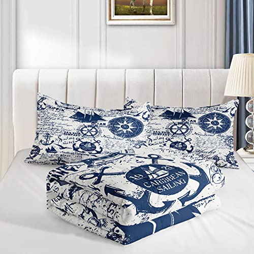 Image of AILONEN Anchor Comforter Set for Teens Boys Kids, Nautical Theme Bedding Set Queen Size,Superior Quilted Duvet Ultra Soft,3 Piece 1 Comforter and 2 Pillowcases,Microfiber Fabric