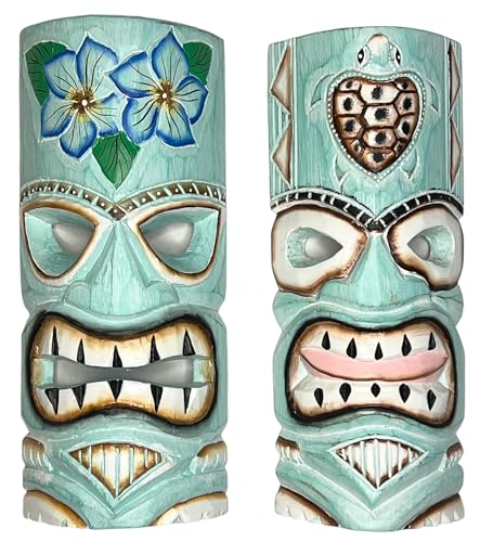 Set of 2 – Aqua Teal Tiki Mask – Unique Hand Carved Wall Hanging or Freestanding Sculpture – Tropical Polynesian Flowers and Hawaiian Sea Turtle – Tribal Party Beach Luau Bar Decor