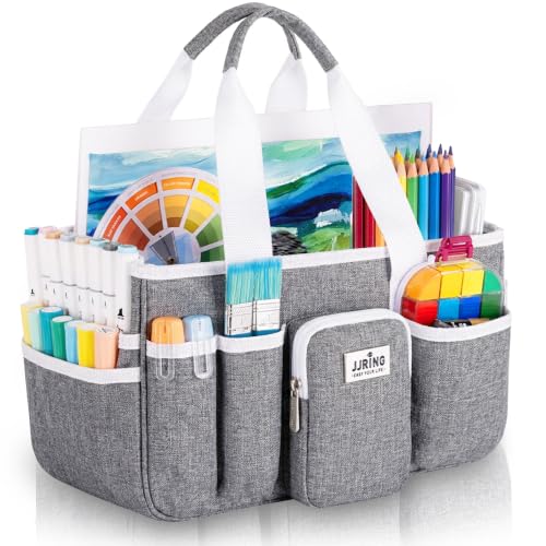 Image of JJRING Craft Organizer Tote Bag, Portable Art Caddy With Adjustable Divider&Secure Zipper Pocket, Large Foldable Storage Tote For Scrapbooking, Sewing, Artist And Home(Grey)
