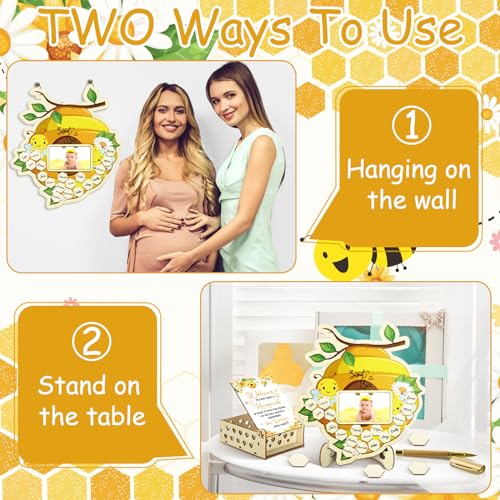 Image of Wenqik 63 Pcs Bee Baby Shower Guest Book Alternatives Set Baby Shower Decorations with Photo Frame Sonogram Frame Keepsake 60 Wood Slices Guest Book for Birthday