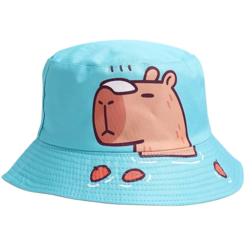 Uzztfa Men's Blue Cartoon Capybara Bucket Hat Summer Beach Travel Sun Hat Packable Fisherman Cap For Wo